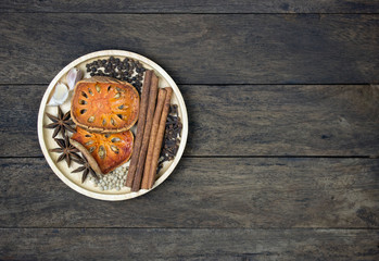 Fototapeta na wymiar food flavor seasoning top view in wood plate on table