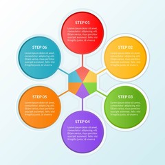 Infographic template of step or workflow diagram of 6 circles connection
