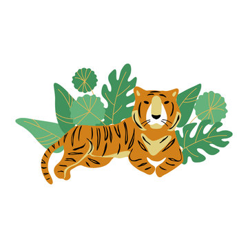 vector color yellow black striped tiger big cat animal simple scandinavian style childish for your paper textile design in leaf jungle