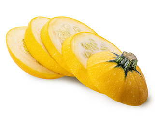 Sliced yellow squash isolated on white background. Clipping path