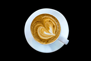 top view cappuccino coffee isolated on black background