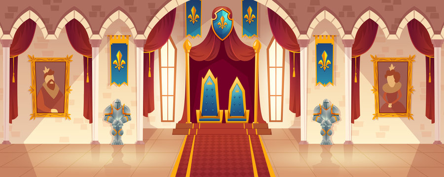 Vector castle hall with two thrones for king and queen. Interior of ballroom with guards in knight armor for royal family. Medieval palace with flags. Fantasy, fairy tale or game background.