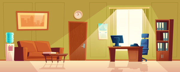 Vector cartoon illustration of empty office, reception desk with window. Modern interior with cooler, sofa for waiting. Computer on wooden table, folders in closet and black chair. Lobby for customers