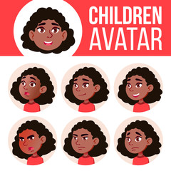 Girl Avatar Set Kid Vector. Black. Afro American. Primary School. Face Emotions. Flat, Portrait. Youth, Caucasian. Colorful Design. Cartoon Head Illustration