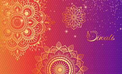 Happy Diwali Hindu gradient card with golden traditional ornament.