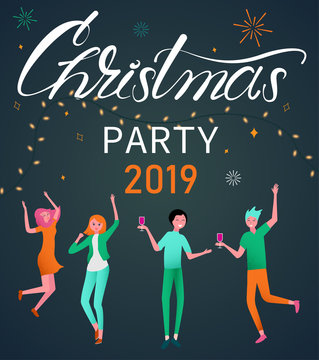 Christmas party 2019 poster with happy dancing people.