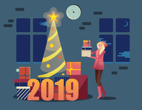 Happy 2019 New Year poster with Christmas tree and girl with gifts.