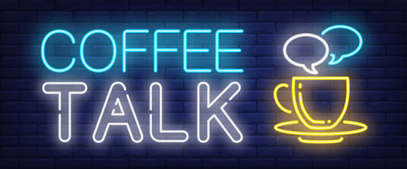 Coffee talk neon sign. Speech bubbles above coffee cup on brick wall background. Vector illustration in neon style for coffee shops and cafes