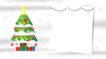 Christmas tree snowflake gift composition on white silk background with copy space for your text.