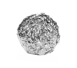 Crumpled ball of aluminum foil isolated on white background
