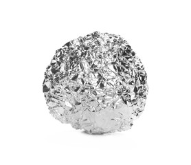 Crumpled ball of aluminum foil isolated on white background