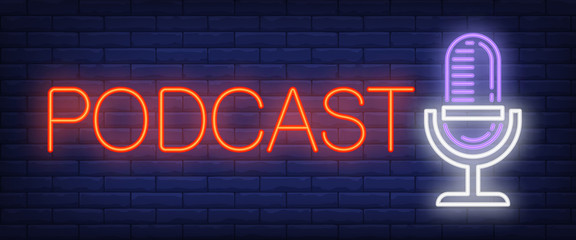 Podcast neon sign. Microphone on brick wall background. Vector illustration in neon style for radio station and broadcasting - obrazy, fototapety, plakaty