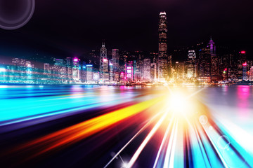 Fototapeta premium Abstract Light trails background with Hong Kong City scraper. double exposure