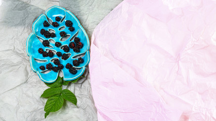 juicy blackberry berries on a ceramic plate. Authentic lifestyle image