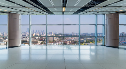 Panoramic skyline and buildings from glass window