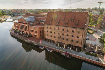 Gdansk aerial view, city panorama in the morning with Polska Filharmonia Baltycka