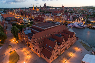 Gdansk aerial view, city panorama in the evening with Polska Filharmonia Baltycka