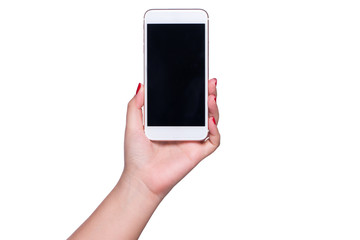 Modern smartphone in female hand isolated on white background