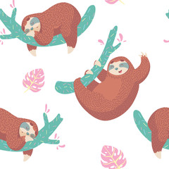seamless patterm with cute cartoon sloth and tropical leaves.wrapping paper desing for childrens © dromp