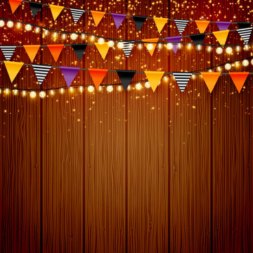 Shiny holiday vector wood background with colorful party flags bunting and lights for Halloween, Thanksgiving Day, Christmas or New Year Eve designs