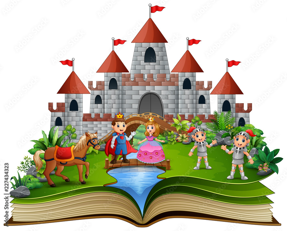 Wall mural story book with cartoon princesses and princes in front of a castle