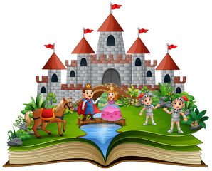 Fototapety  Story book with cartoon princesses and princes in front of a castle