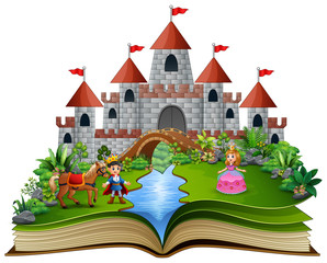 Story book with cartoon princesses and princes in front of a castle