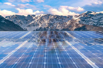 Solar panel over  mountain background. solar power green energy for life concept  - obrazy, fototapety, plakaty