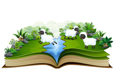 Open book with group of sheep playing on the river