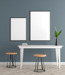 Mock up poster frame in Scandinavian style hipster interior. 3D illustration.