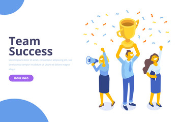 Team Success vector concept. Business people celebrating victory. Man holding gold cup. Flat Vector illustration. 