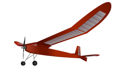 Model glider, flying airplane. Red subtle airplane with propeller. Balsa wood wings, model hobby. Master vector illustration