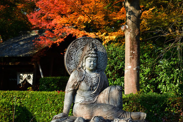 Stone Buddha under autumn leaves, Kyoto Japan.
