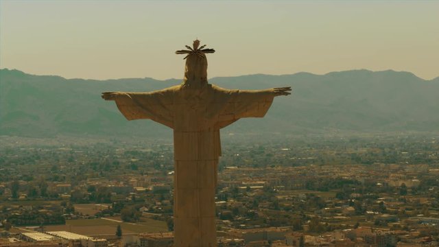 Aerial view of statue of Chist on Castillo de Monteagudo in Spain