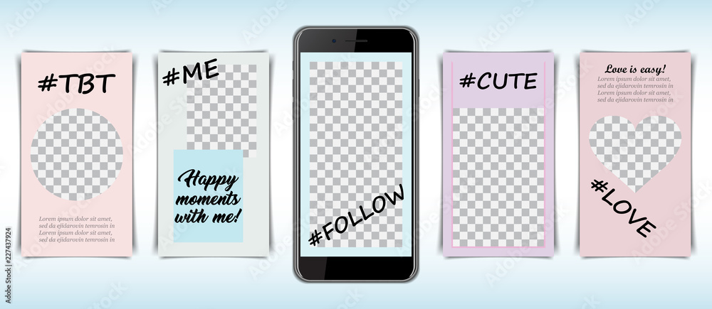 Poster template frame set for social media with hashtag for smartphone