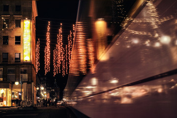 Time Exposure train traffic light night Mannheim street urban public transport city christmas...