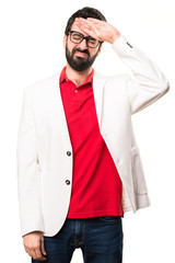 Brunette man with glasses with fever on white background