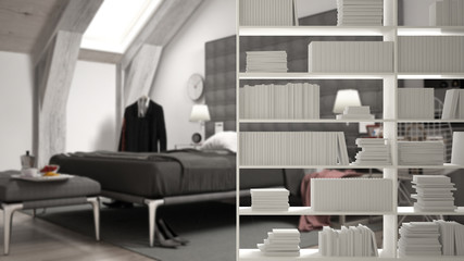 Bookshelf close-up, shelving foreground, interior design concept, modern luxury bedroom in the background