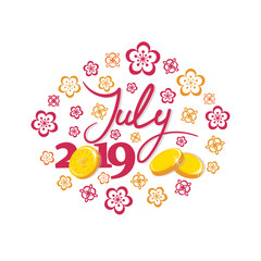 July, 2019. Gold coins. Good month. Lettering. The inscription for the calendar, banner, poster, greeting card. Design for printing on fabric or paper.