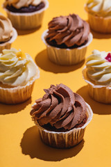 Chocolate muffin on yellow background in a close-up.