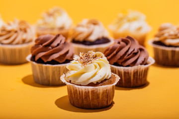 Vanilla muffin in a close-up on yellow background.