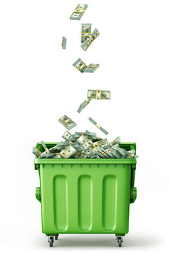 Concept of global garbage recycling. Cash in trash container isolated on a white background
