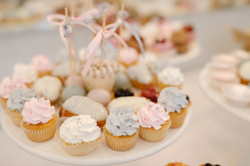 Candy bar with small cakes in light colors