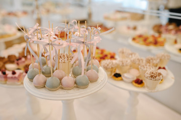 Candy bar with small cakes in light colors