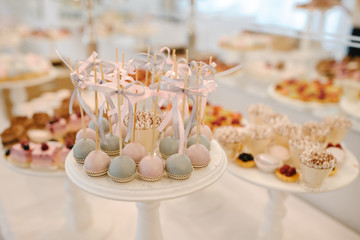 Candy bar with small cakes in light colors