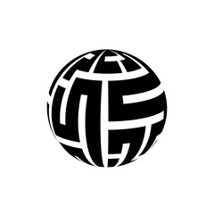 Logotipo laberinto en espacio negativo en esfera en negro