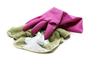 Dirty rag, cloth, detergent powder and rubber glove isolated on white background