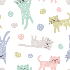 Photo sur Aluminium brossé Chats Modèle sans couture enfantin avec des chats. Texture créative pour le tissu