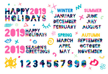 Happy New Year 2019, Merry Christmas months, banners, numbers, seasons, typography, font, text, winter. Colorful hand drawn vector illustration