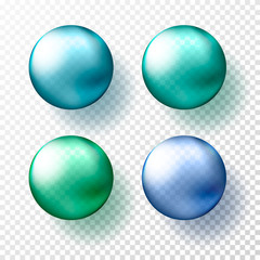 Four realistic transparent spheres or balls in different shades of metallic blue and gteen color. Vector illustration eps10